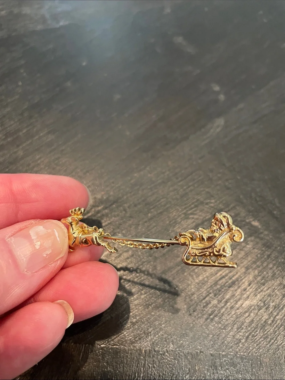 Gold-tone Reindeer and Sleigh Chain Brooch